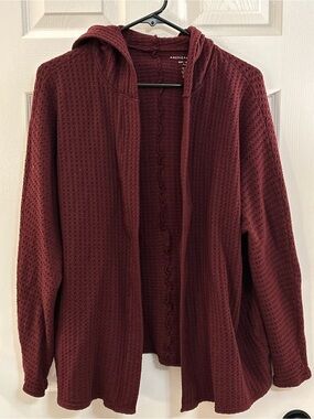 American Eagle Outfitters Burgundy Hooded Waffle Knit Cardigan